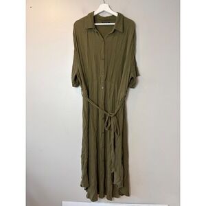 BloomChic Olive Green Crinkle Button Front Maxi Shirt Dress Plus Size 22-24